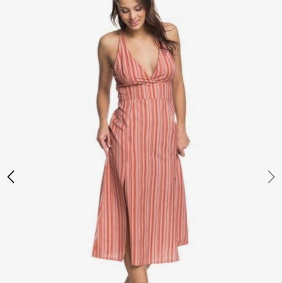 NWT Roxy Young Goddess linen blend red stripe midi dress with slits - Picture 3 of 8